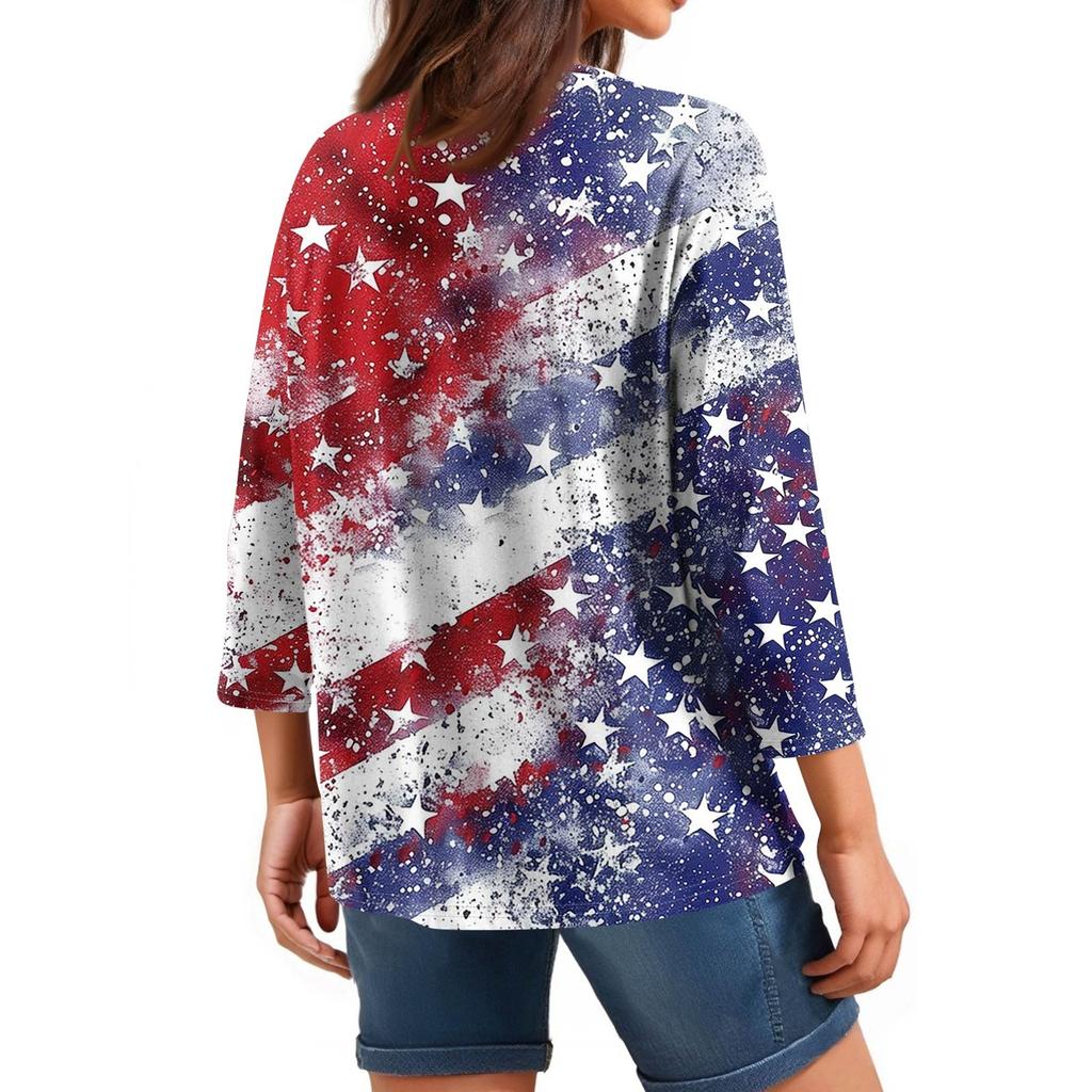 Women's Tops Three-quarter Sleeve Shirt V-neck Loose Casual Shirt Print T-shirt