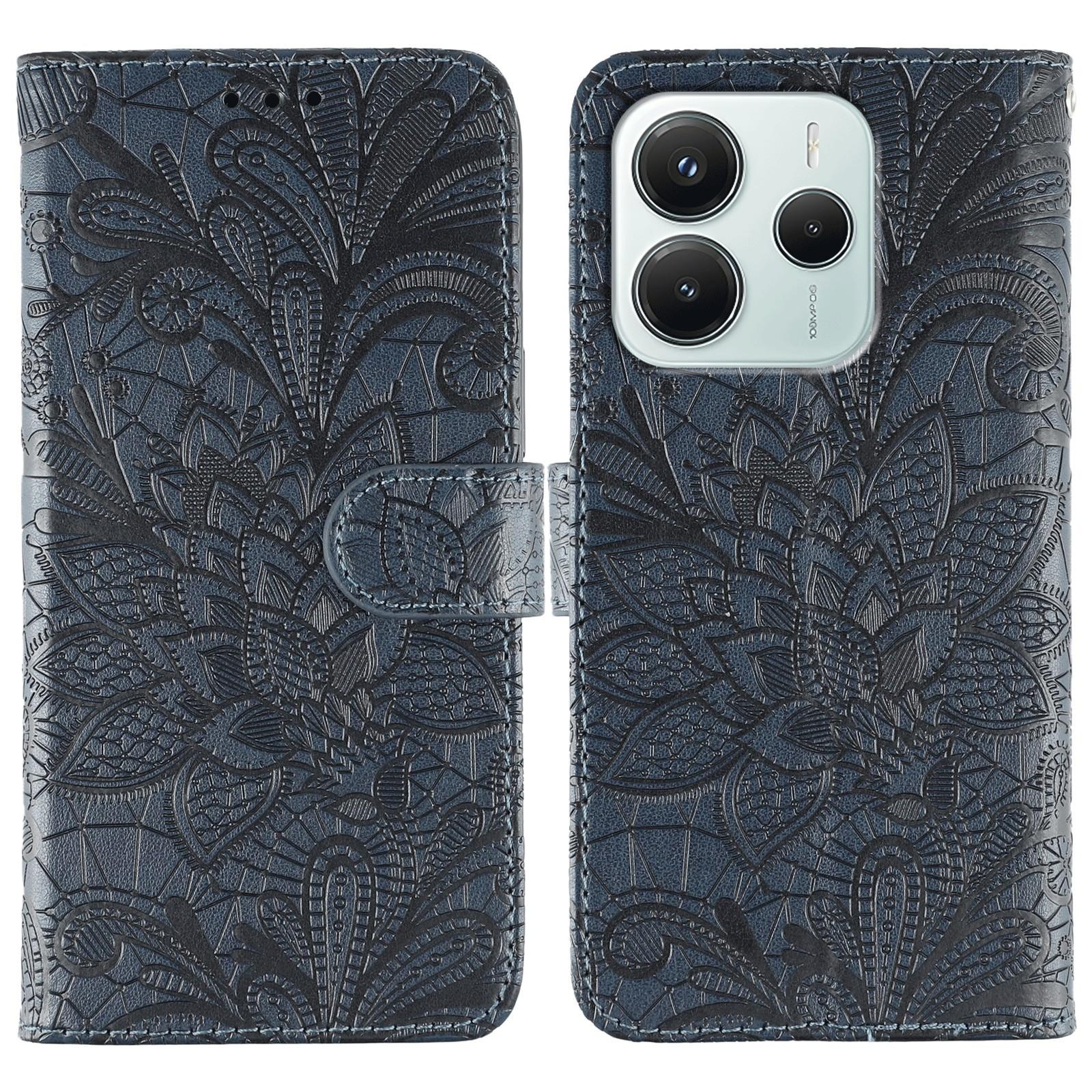 

For Xiaomi Redmi Note 14 5G/Poco M7 Pro 5G Case Lace Flowers PU Leather Flip Wallet Phone Cover Dark Blue