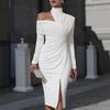 Women's Fall New Arrivals Solid Elegant Slim Fit Asymmetric Neckline Ruffled Dress