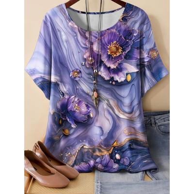 XL-7XL Plus Size Women's T-Shirts Women's O-neck Fashion 3D Floral Color Printed Top Short Sleeve T-shirt
