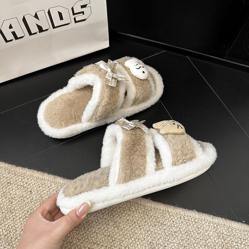 Cute kitten fish thick-soled fluffy slippers girl 2025 autumn fashion outer wear thick-soled bow cotton slippers woman
