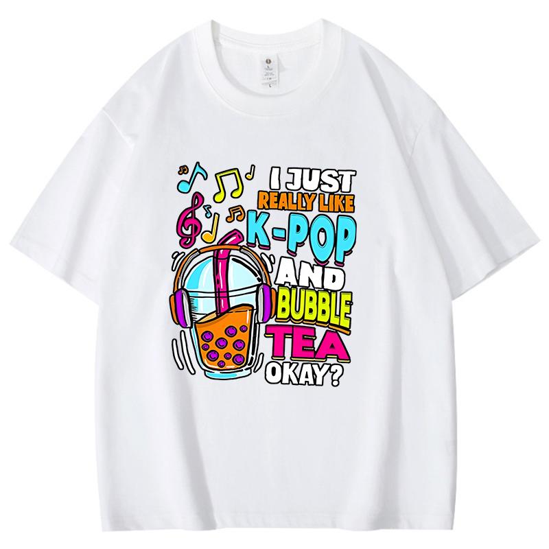 Pearl Milk Tea With Headphones On Print Cotton T Shirt Women Unisex I Like Kpop And Milk Tea Letter Print Pattern Hiphop Shirts