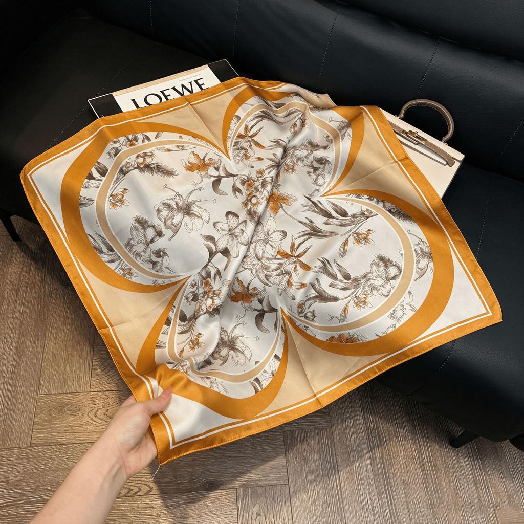 Lao Qian Feng Coffee Color Cashew Nut Silk Scarf Headscarf Versatile Neck Square Scarf Premium Sense Female Foreign Style Decorative Scarf Scarf