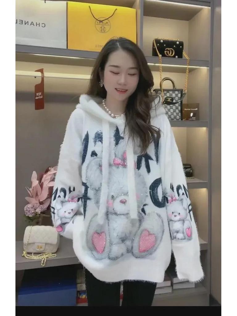 Women's European Cartoon Rabbit Knit Hoodie - Diamond Print, Faux Mink Velvet, Loose Fit, Plus Size