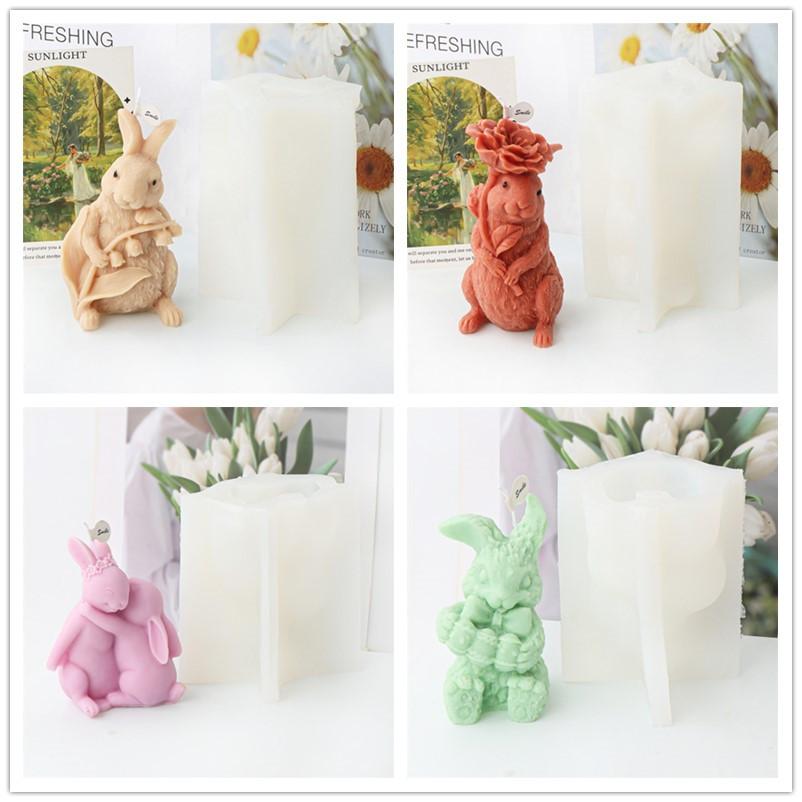 3D Easter Flower Rabbit Candle Silicone Mold DIY Lovely Bunnies Shape Fondant Cake Decorating Mould Flower Rabbit Plaster Mold
