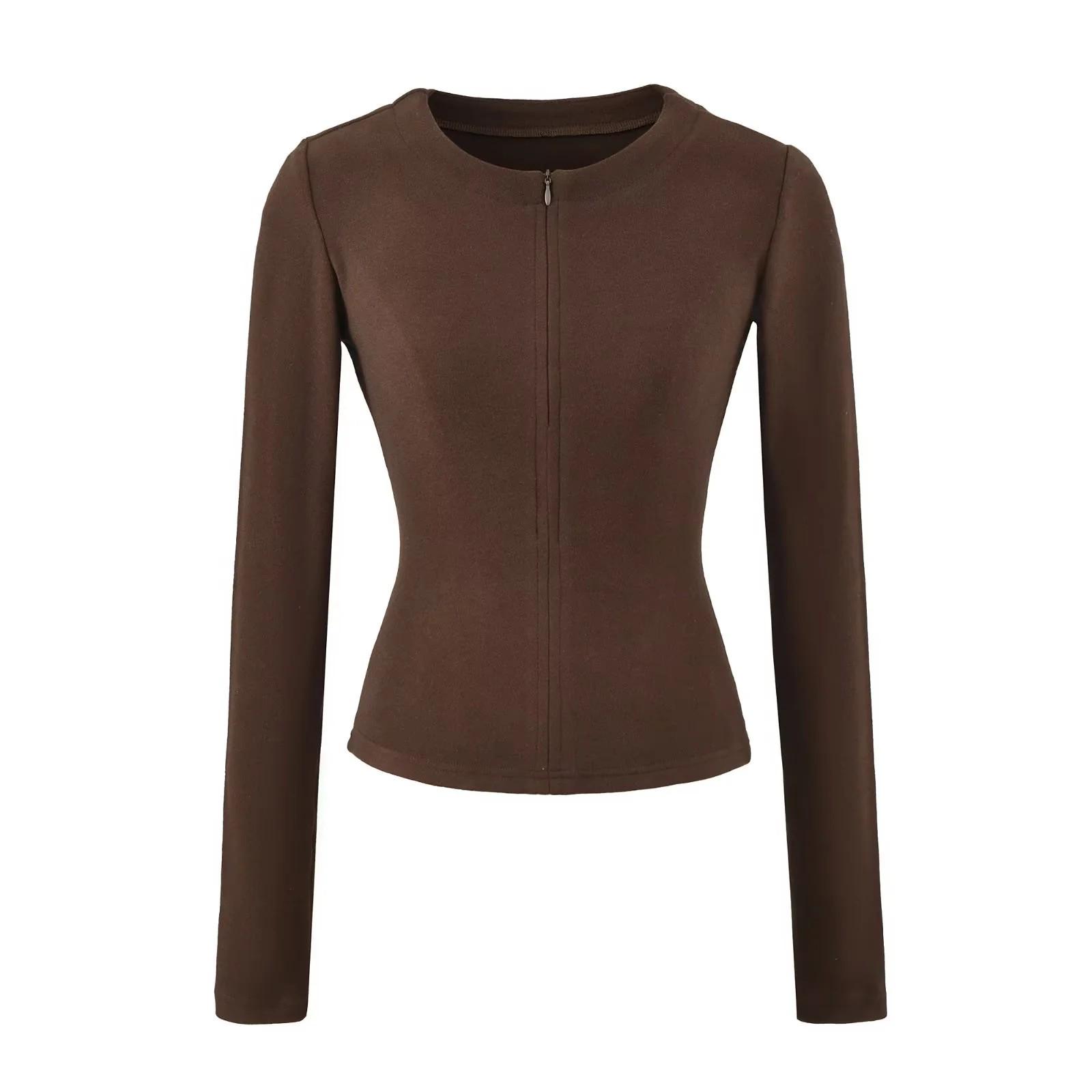 Пикантная Девушка Сексуальный Утягивающий Пуловер с Полумолнией и Длинным Рукавом Large кофейный