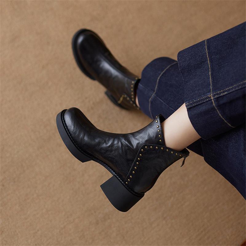 Fashion New Autumn/winter Genuine Leather Women Boots Round Toe Shoes for Women Fashion Rivet Boots High Heels Platform Chelsea Boots