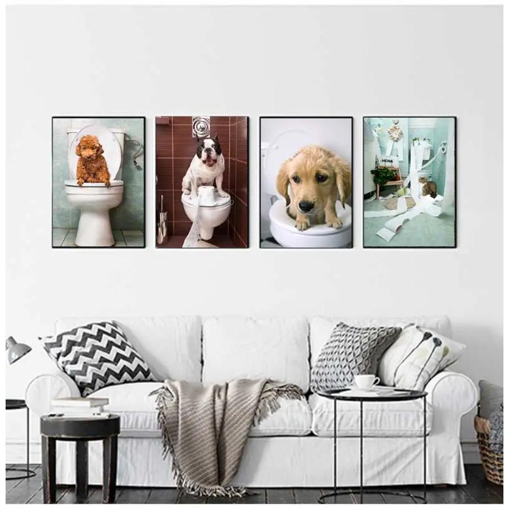 Funny Animal Dog Read Newspaper Oil Painting On Canvas Wall Art Poster Prints Wall Art Picture for Bathroom Toilet Decoration