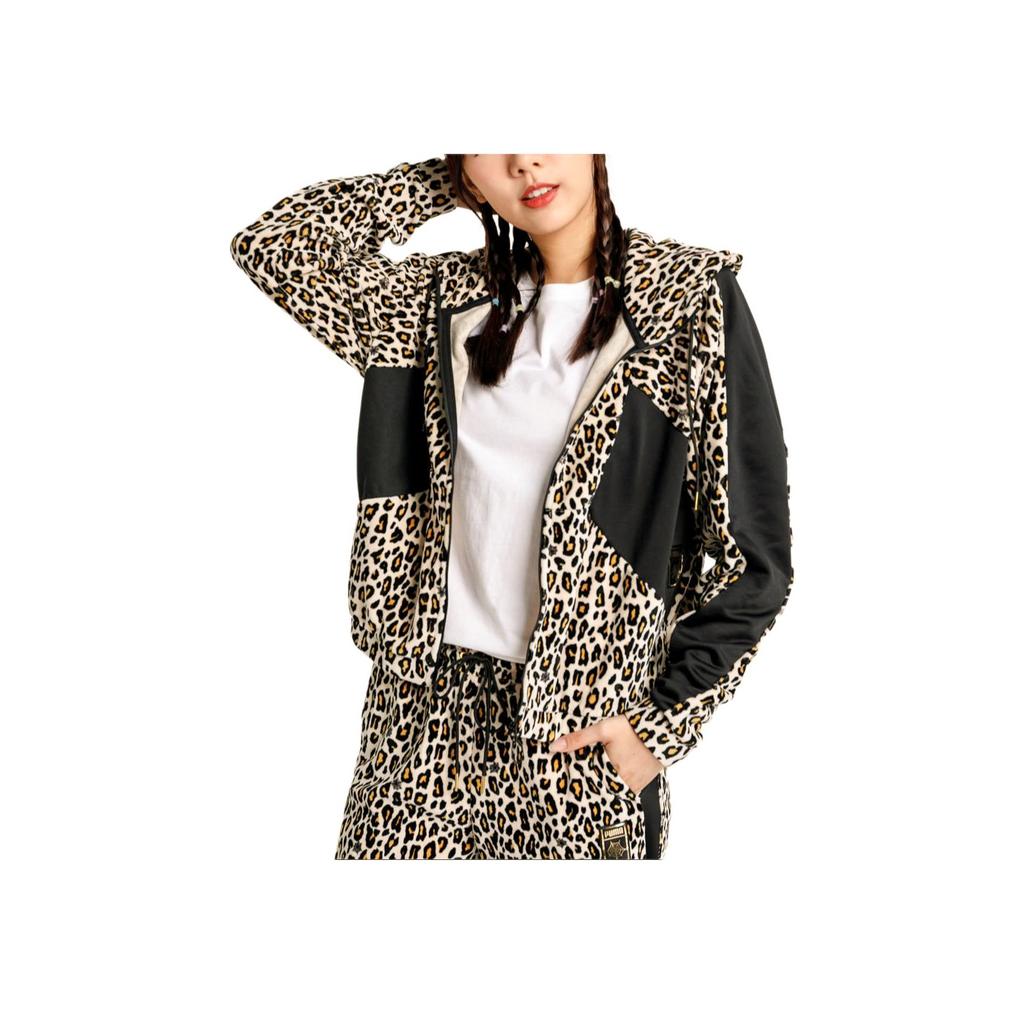 Puma X Co Warm Breathable Fashion Leopard Print Long Sleeve Hooded Jacket Women jackets Black Gray 596854-02