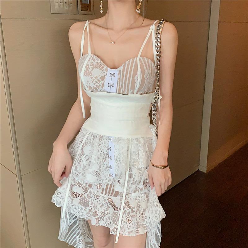 Women's Summer One-button Irregular Lace See-through Halter Dresses