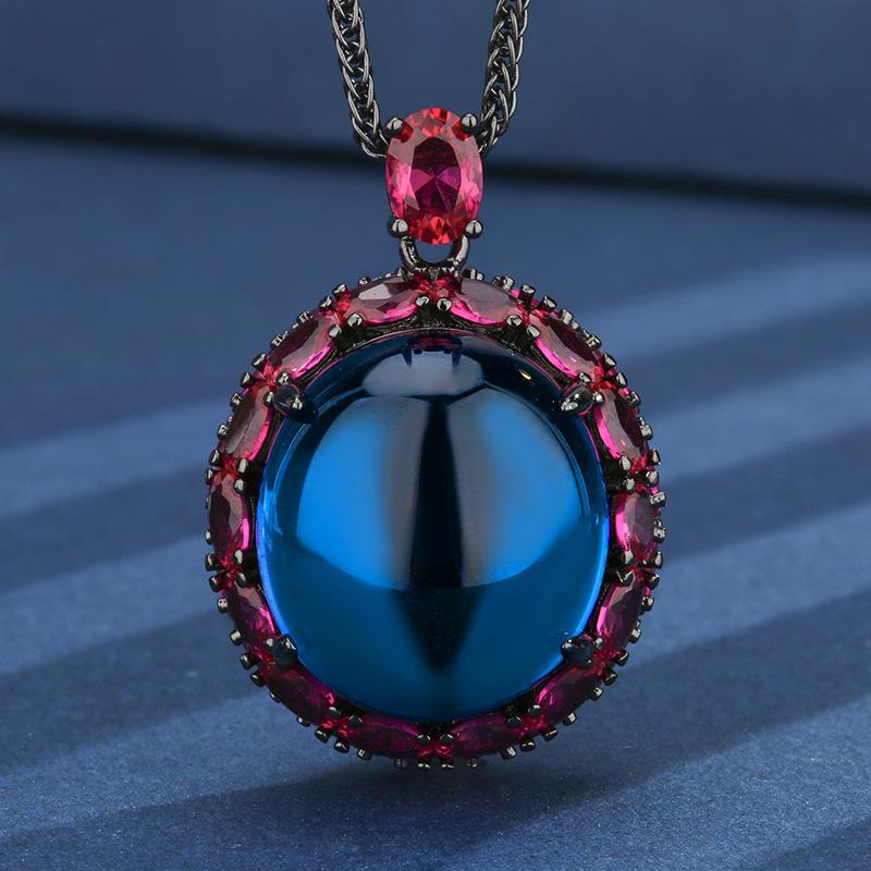 

Ювелирные изделия имитация красного корунда синяя шпинель роскошная инкрустация роскошный кулон в форме яйца ожерелье 18 * 20