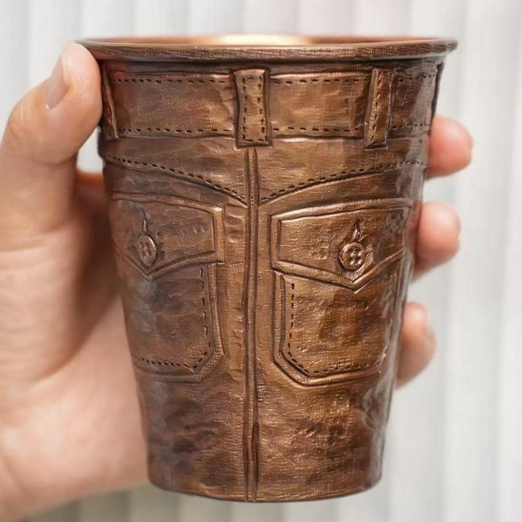 Vintage Pure Copper American Coffee Mug,Engraving Jeans Shape Texture Drinking Beer Beverage Outdoors Mug,Straight-Sided Tea Cup