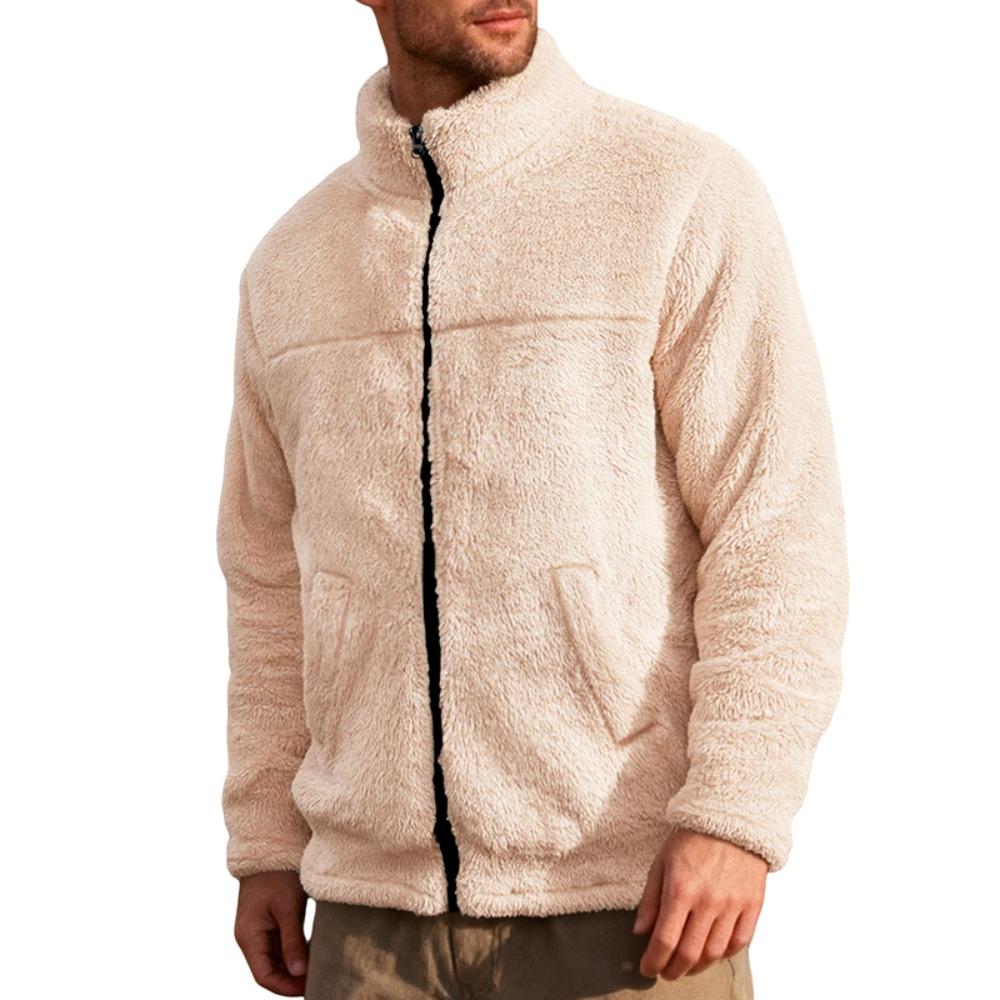 Herren Polarfleecejacke für Winter Einfarbig Stehkragen Langarm Reißverschlussfliege Mantel Lockere Passform Herren Oberbekleidung mit Taschen