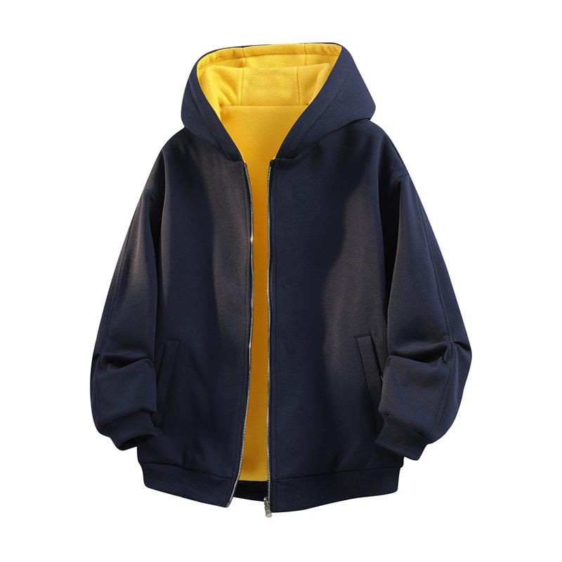 Men's Reversible Trendy Loose Hooded Jacket, Black/Light Gray, Spring/Autumn Casual Sportswear.
