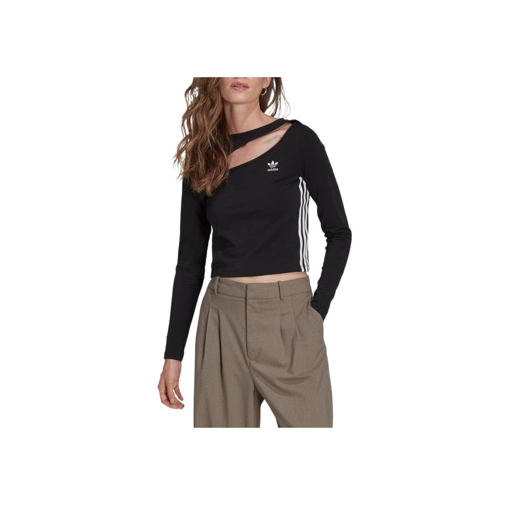 adidas Originals Cut Out Stripe Logo Print Long Sleeve Sport Top Women Tops Black II6085