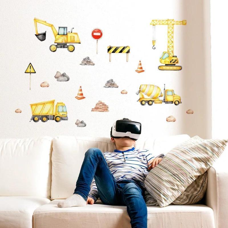 Cartoon Engineering Vehicle Pattern Wall Sticker Boy Kids Room Background Decoration Mural Home Decor Self Adhesive Wallpaper