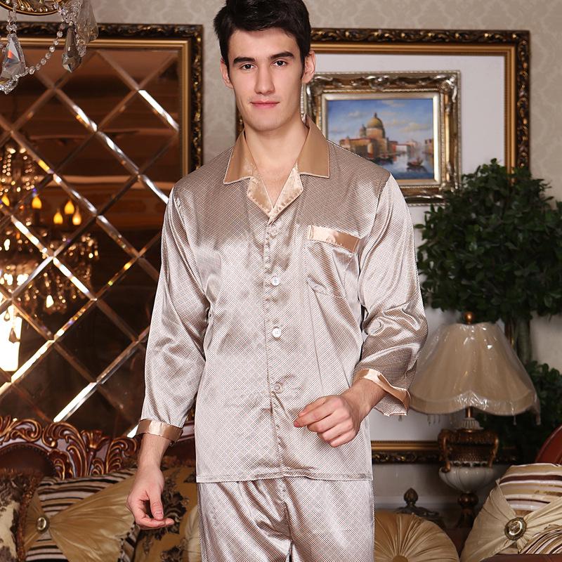 Men's Silk Long Sleeve Pajamas Set: Spring to Autumn, Lightweight, Loose, and Comfortable Homewear.
