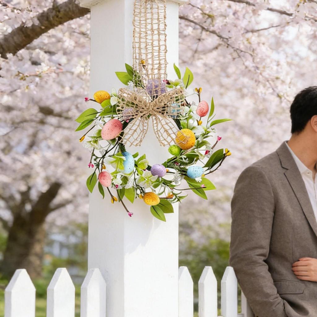 Easter Wreath for Front Door Hangable Artificial Floral Garland with Bow Design Window Ornament for Home Holiday Decorations