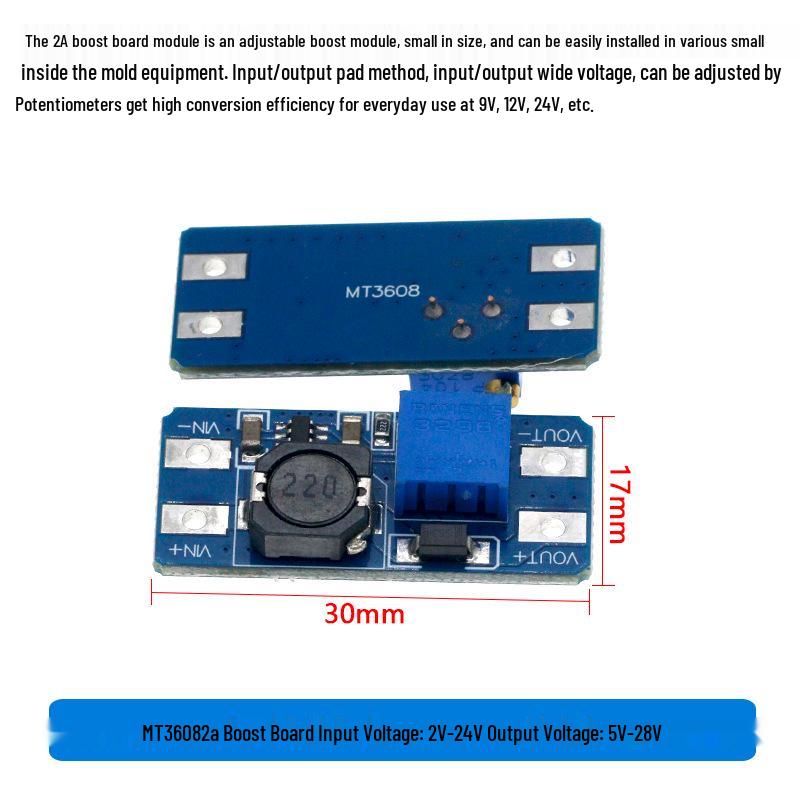 MT3608 Adjustable DC-DC Boost Module: 2A Step-up Board, Input 3V/5V, Output 5V/9V/12V/24V