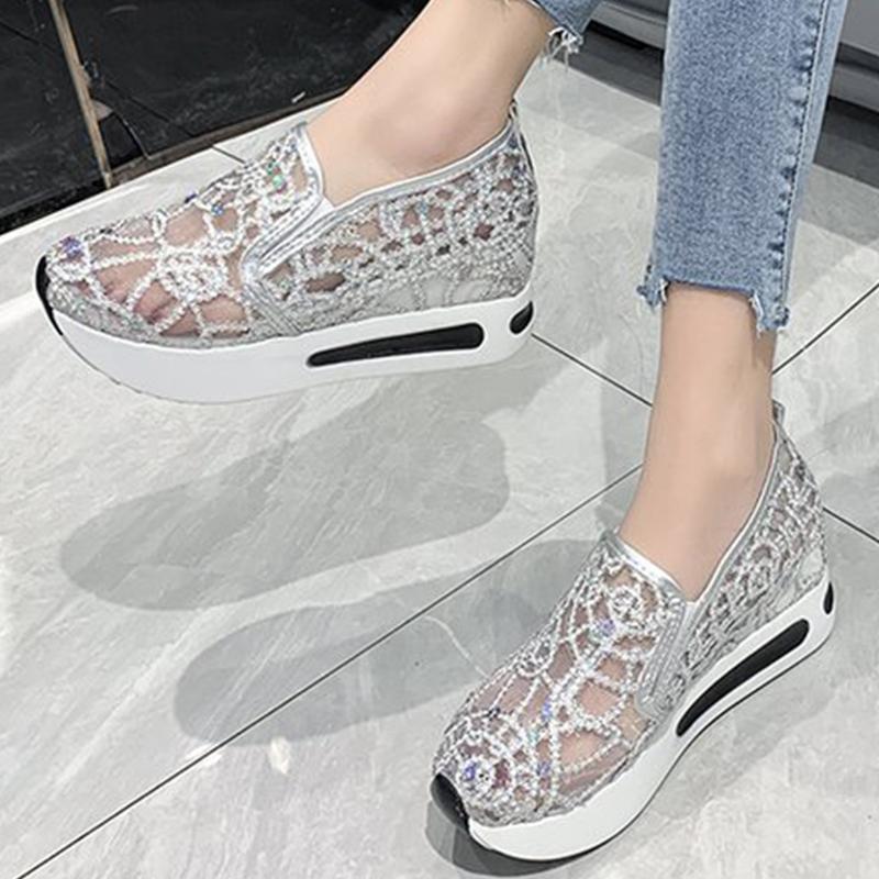 Fashion Spring Autumn Luxury Crystal Sneakers Women Breathable Mesh Sports Shoes for Woman Retro Low Top Platform Vulcanize Shoes Lady