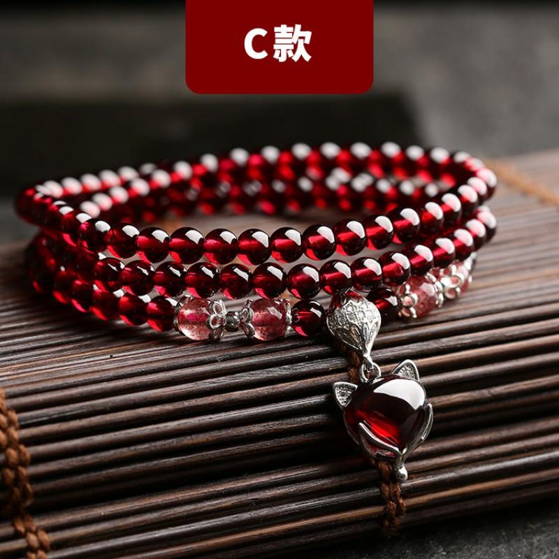 Natural Garnet Stone Bracelet Women Ethnic Style Handmade Crystal Jewelry Bohemian Three-Row Beaded Wrap