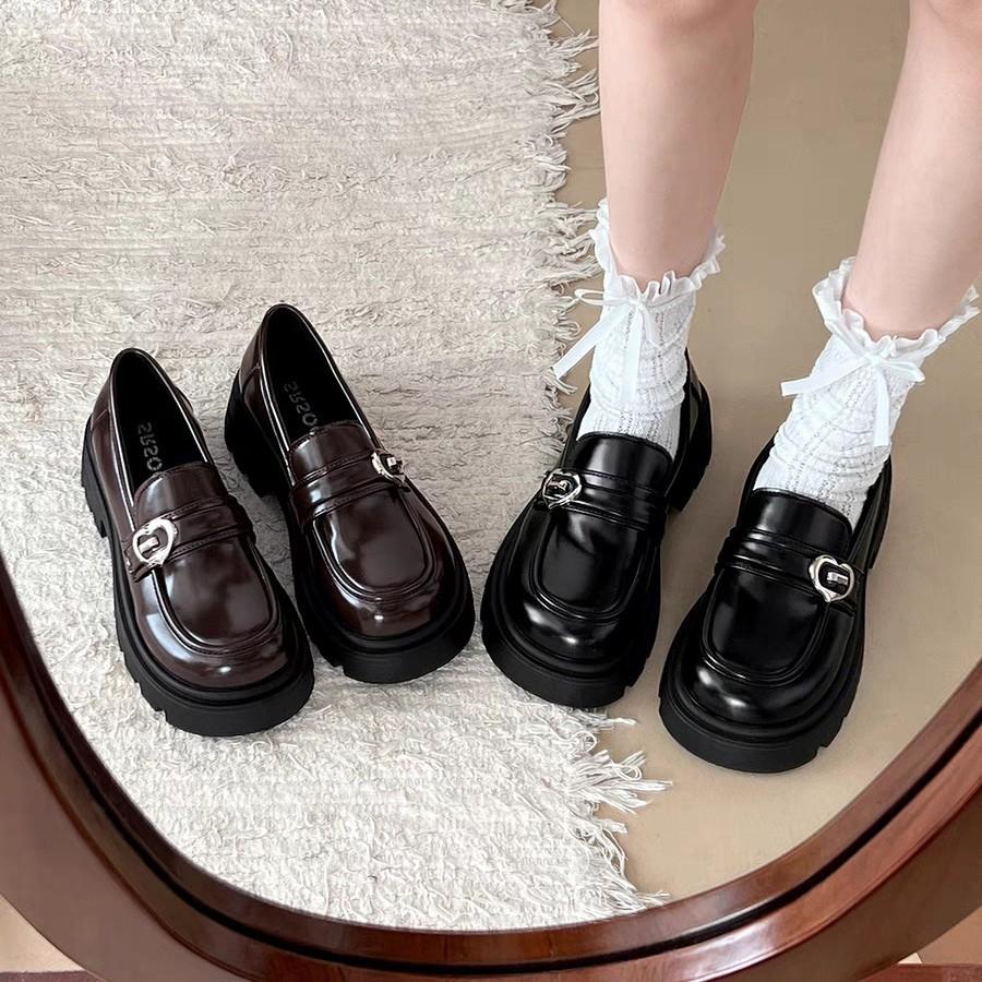 Black French retro thick heel platform small leather shoes women's 2025 new autumn and winter British style one-pedal loafers