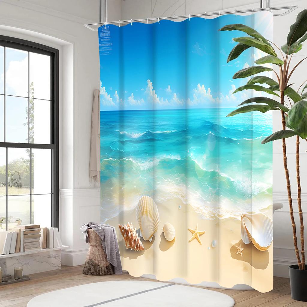 Beach Shells Pattern Bathing Curtain  Bathroom Shower Curtain Waterproof With 12 Hooks Home Deco