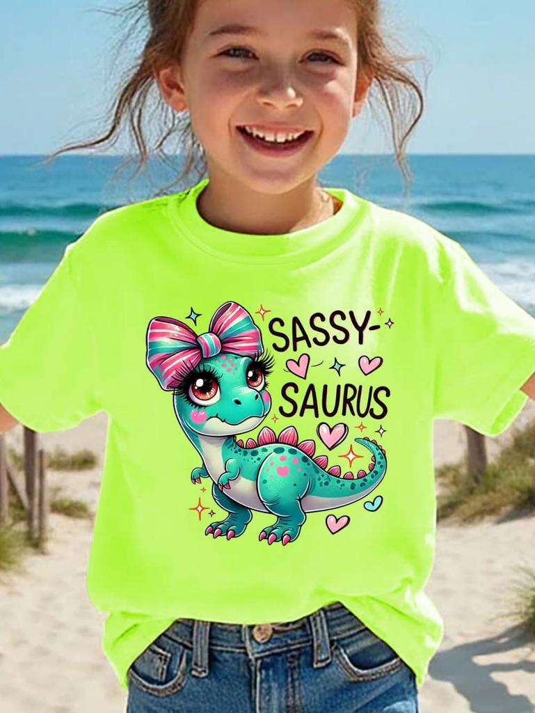 Girls' Kawaii Cartoon Dinosaur Graphic T-Shirt Cute Pink Bow Hearts Print T-Shirt Kids Short Sleeve Tee Y2k Children's Clothing