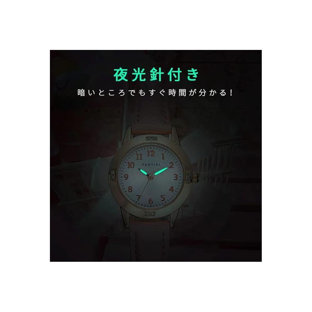 Girls Quartz Casual Watch Round Face 28mm PU Leather Band Japanese Movement Arabic Numerals Water Resistant Black Belt Gold Case