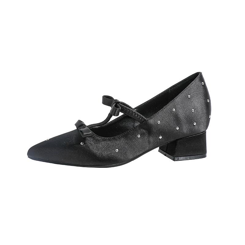 French pointed inner height increase Mary Jane women's shoes thick heel high heels satin women's shoes spring and summer pointed single shoes work s