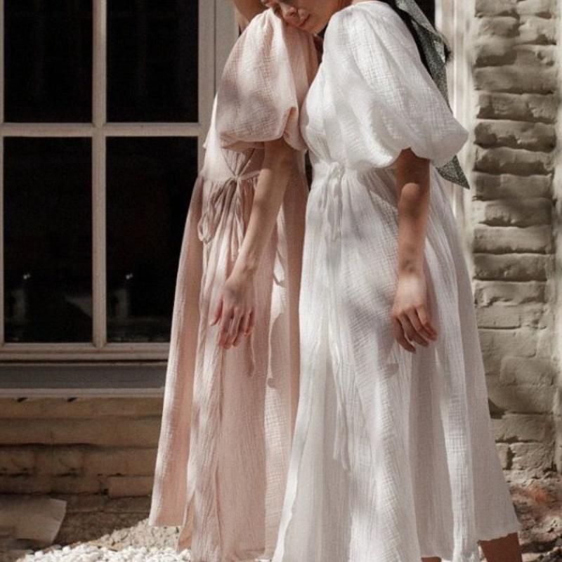 French Sweet Atmosphere Solid Color Long Dress V-neck Puff Short Sleeve Tie Dress