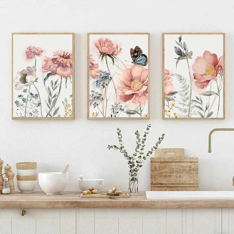 Modern Scandinavian Wild Flowers Leaves Botanical Nature Posters Watercolor Canvas Painting Living Room Bedroom Wall Art Pictures Home Decor
