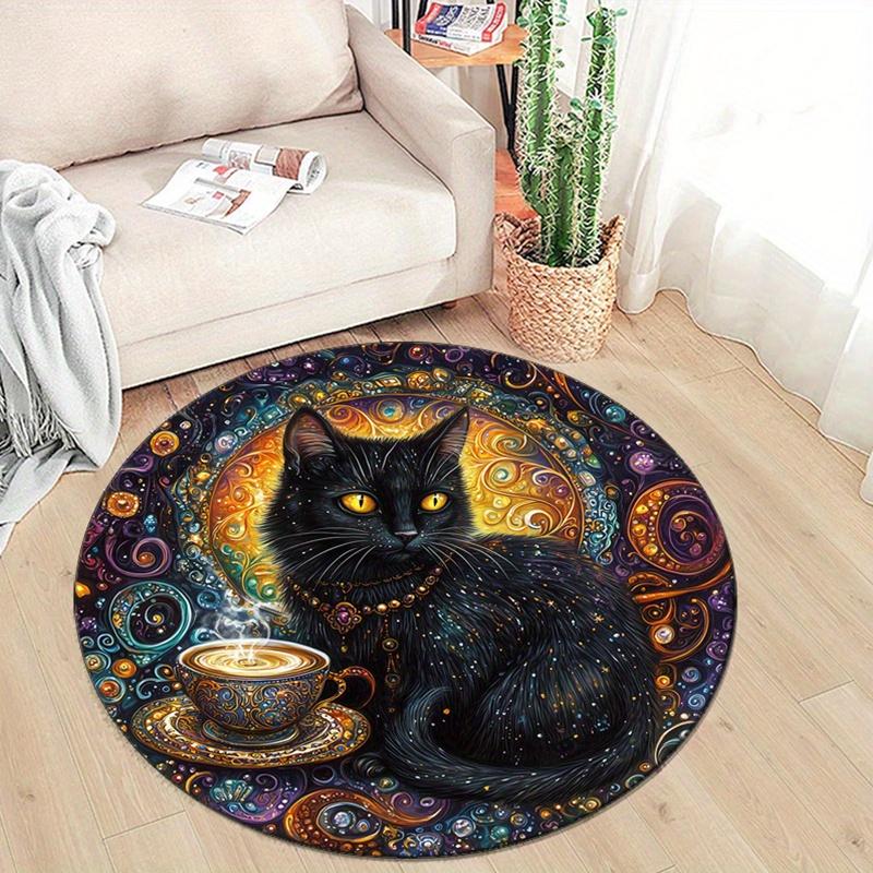 Black Cat Printed Round Area Rug - Crystal Velvet Polyester Chair Mat for Bedroom, Living Room, Non-Slip Home Decor Rug