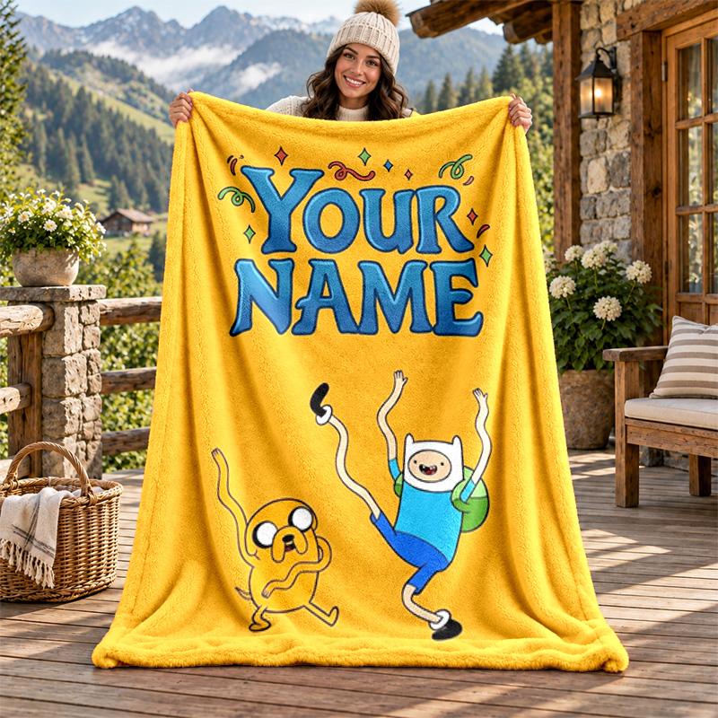 Adventure Time Custom Name Flannel Blanket Personalized Soft Warm Plush Throw Blanket Customized Gift for Family Friends