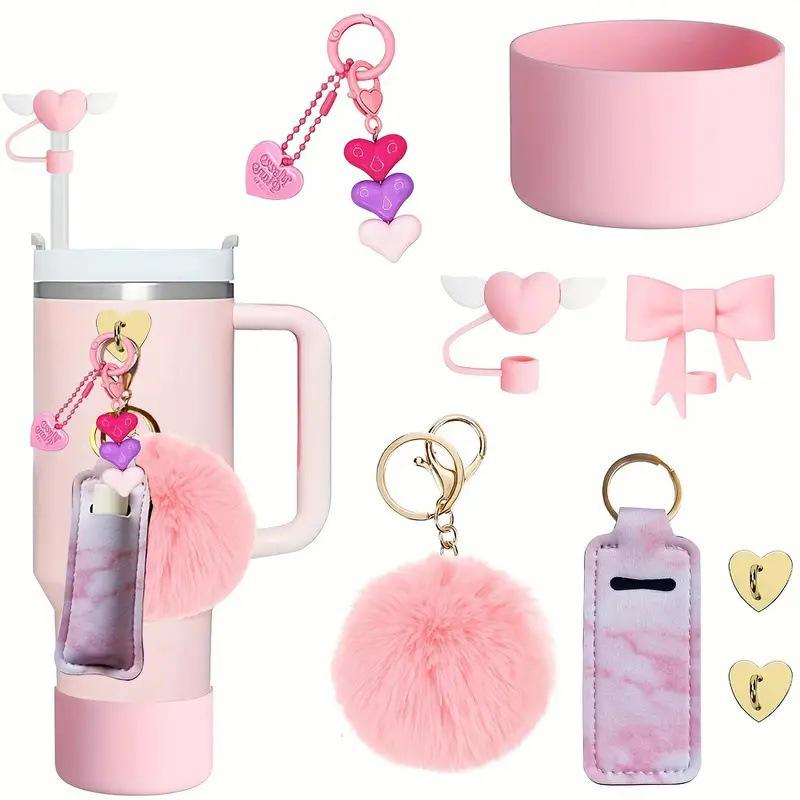 

Набор аксессуаров для кубка Стэнли, включая держатель для губной помады, силиконовый чехол для кубка Стэнли, 2 силиконовые насадки на соломинку, 2 подвески розовый