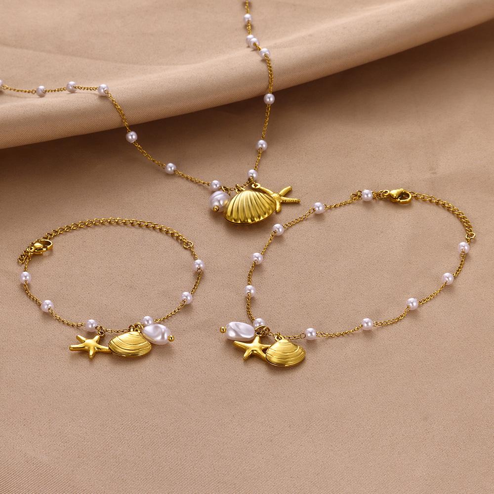 Freshwater Pearl Jewelry Set Shell Starfish Star Necklace Anklet Sets For Women Fashion Stainless Steel Chain Party Daily Gifts