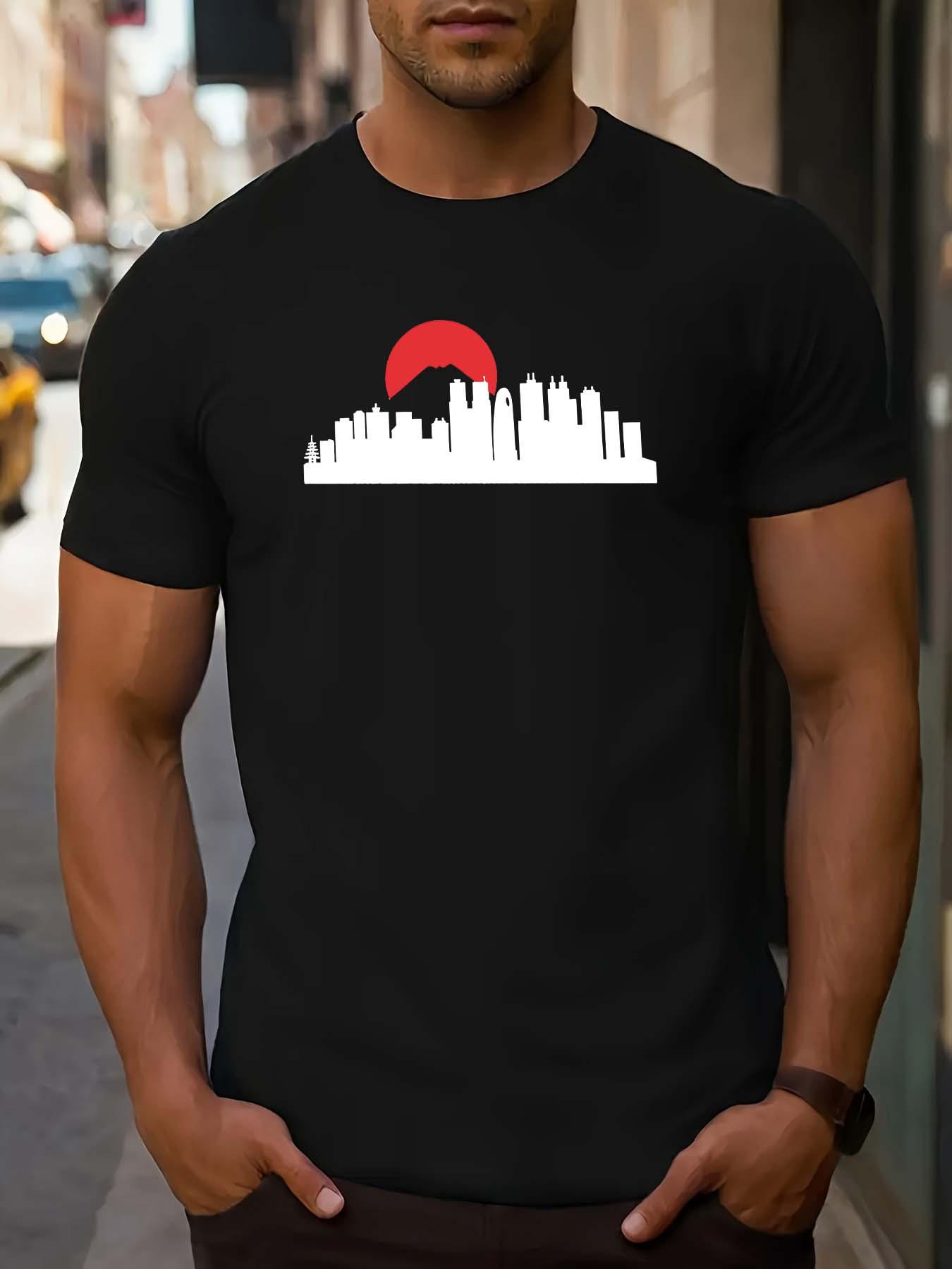 Casual Polyester T-shirt | Round Neck | Bold City Skyline Graphic with Red Sun | Machine Washable & Dry Clean Safe | Lightweight S