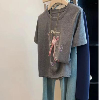 Spring and Summer Personalized Street Printed Cotton T-shirt for Women Korean Style Age-reducing Short-sleeved Round Neck