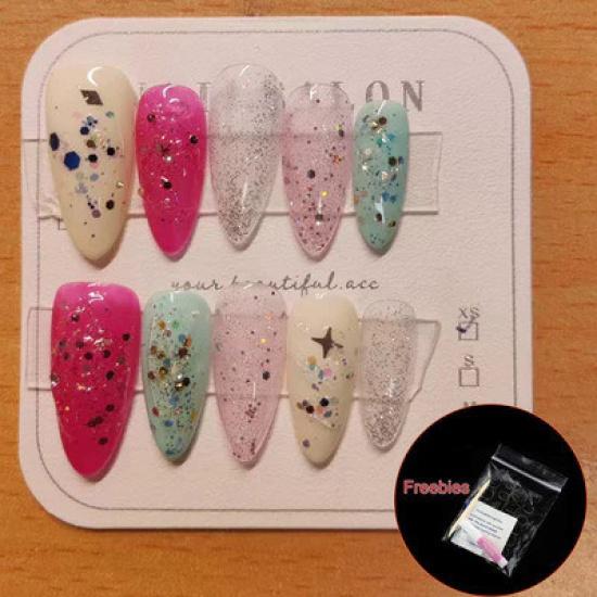 

Искусственные ногти миндалевидной формы ручной работы, красочные, измельченные, с серебряной пудрой, ногти, многоразовые и съемные накладные ногти L