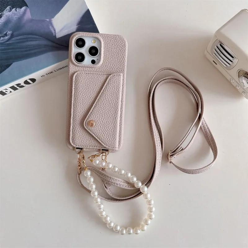 Leather Crossbody Wrist Strap Phone Case for IPhone 13 12 Mini 15 14 Plus 11 Pro Max Wallet with Card Holder Protective Cover