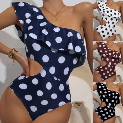 One Shoulder Polka Dot Ruffle Swimsuit Cutout One Piece Swimwear Beachwear Bathing Suit for Women