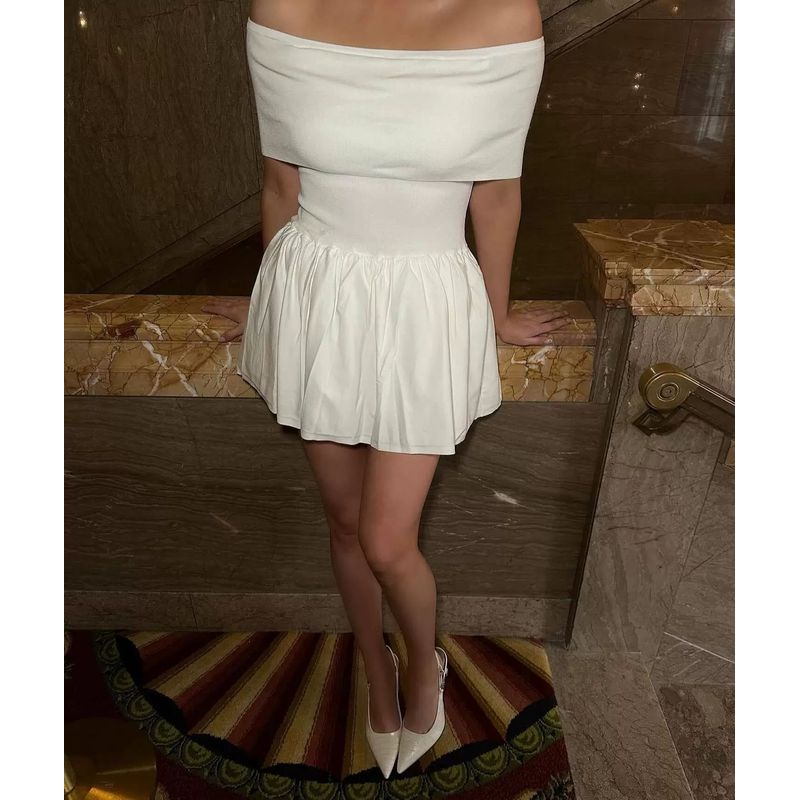 Elsa Fashion Style Spring and Summer Ins New Arrival Knitting off-Neck Sexy Sweet Pettiskirt Short Sexy Dress