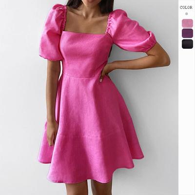 Women's Fashion Square Neck Short Sleeve High Waist Slim Dress Skirt Casual Dresses