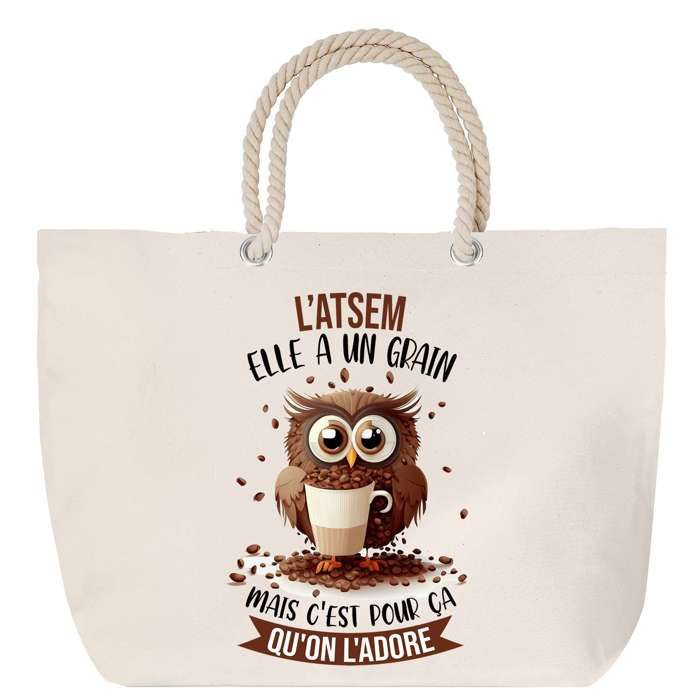 Sac de plage - PLANETEE - Chouette personnalisé - anse corde - grand format - imprimé en France