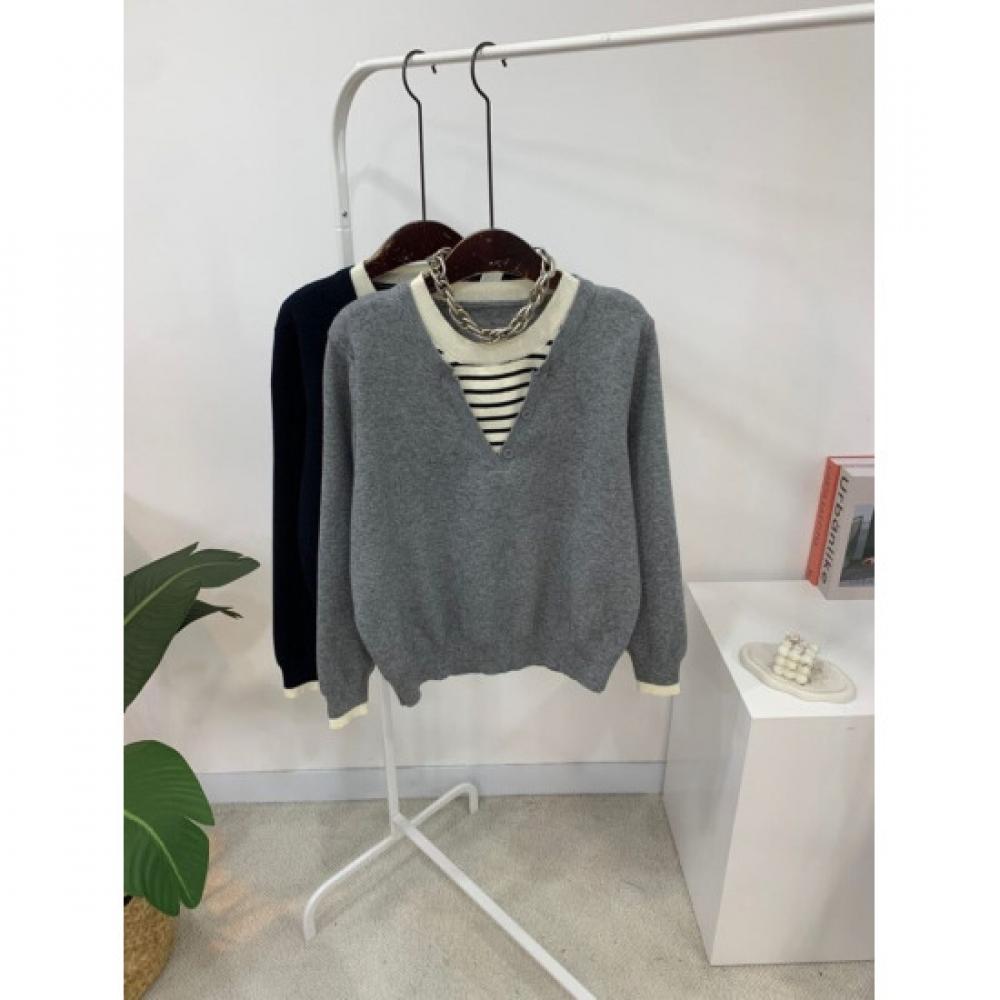 C S In The Room Sao Stripe Layered V neCk Button Long SleeVe Knit 2Color C
