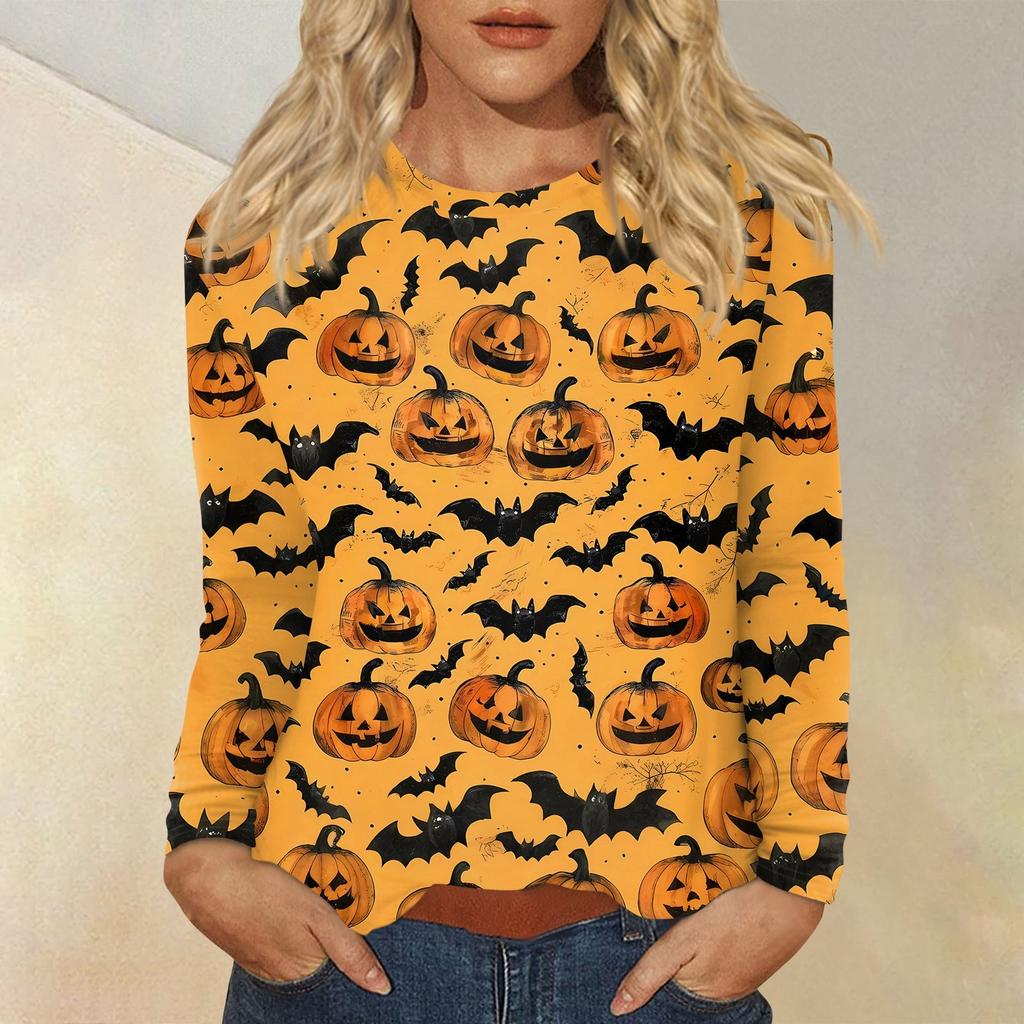 Dámská módní ležérní halenka s potiskem Halloweenu, s kulatým výstřihem a dlouhým rukávem