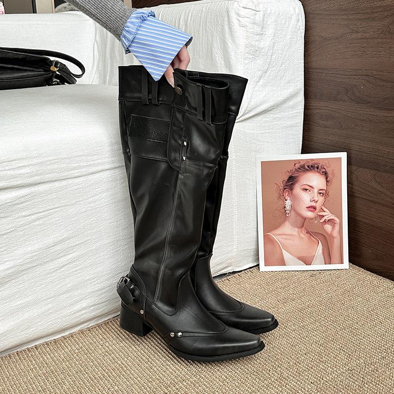 Fashion Niche Design Pointed Boots Big Tube Circumference High Heel Stacking Boots Retro Slim Women's Western Fashion Boots