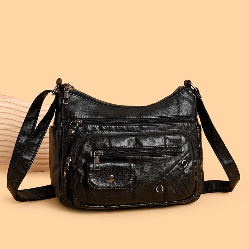 Dameveske i mykt skinn Mammaveske Flere rom Flere glidelåser Stor kapasitet Skulderveske Crossbody-veske