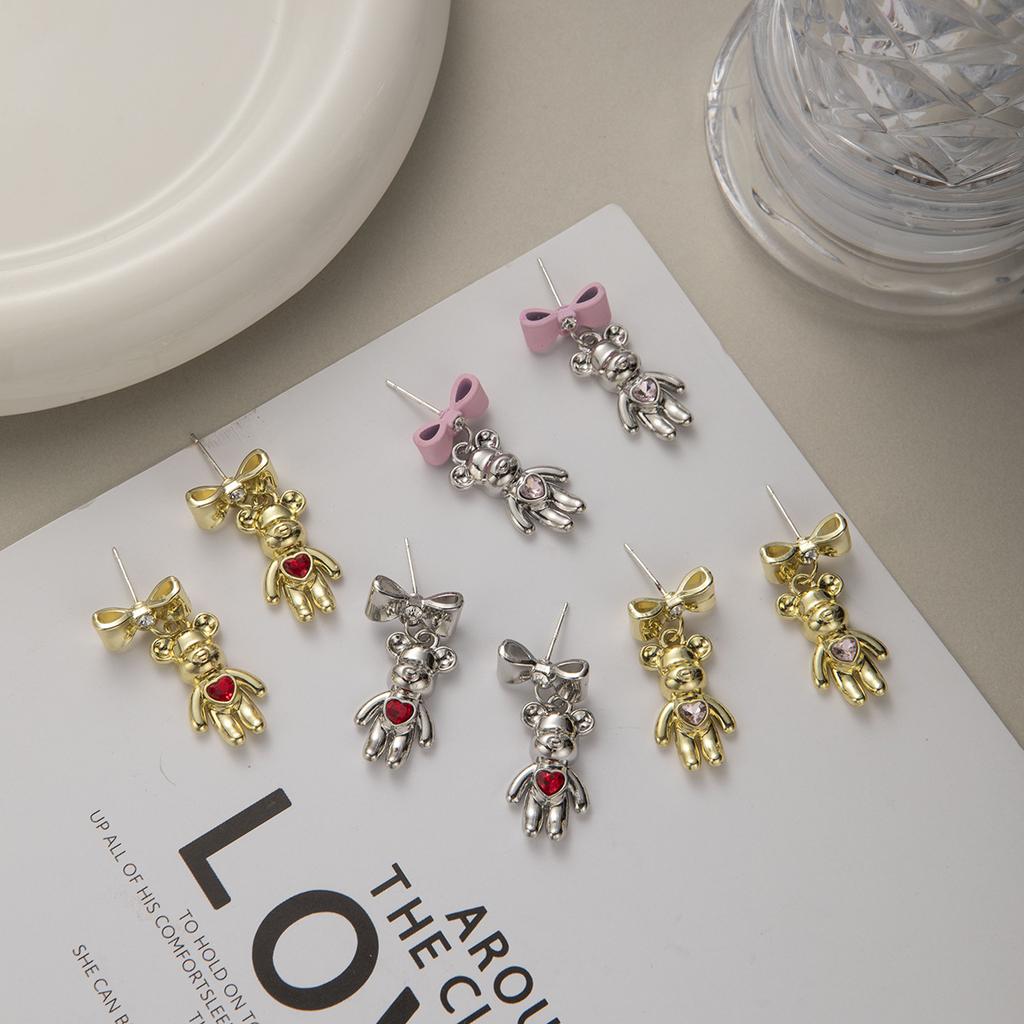 Personalized Niche Daily Glossy Love Bear Stud Earrings, Metal High-End Bow Earrings