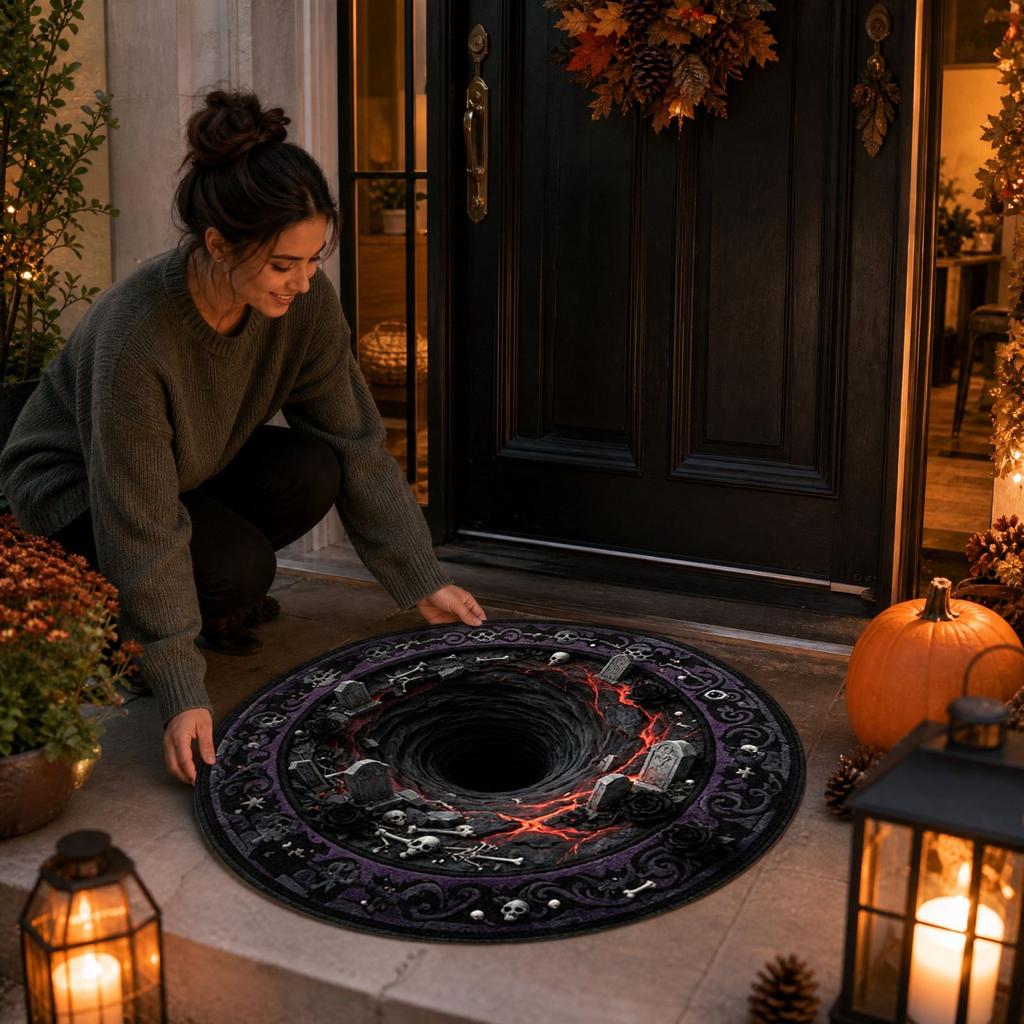 Halloween Round Area 3D Effect Velvet Doormat for Home Living Room Holiday Decor